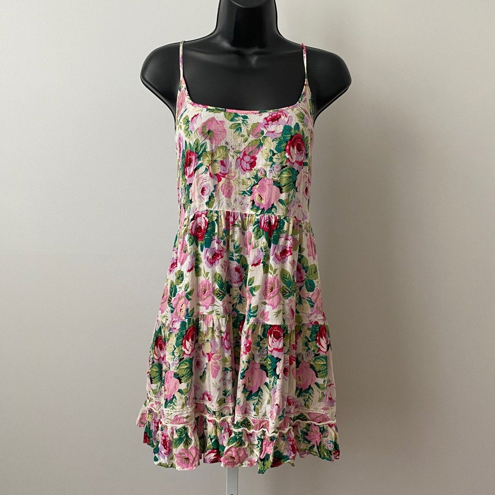 Ecote Boho Prairie Dainty Floral Tiered Ruffle Mini Dress Small Pink